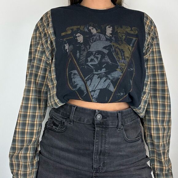 Reworked Upcycled Star Wars Grunge Long Sleeve Plaid Loose Fit Baggy Shirt - Picture 3 of 3